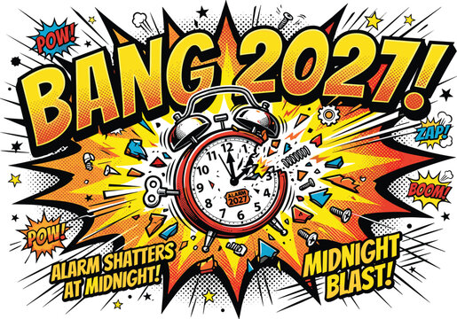 Comic book style Happy New Year vector illustration featuring an exploding alarm clock at midnight with bold text elements for twenty twenty seven
