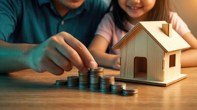Father and daughter counting coins next to a model house on a wooden table