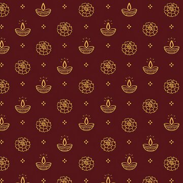 Seamless Diwali Pattern with Diyas and Marigolds on Maroon
