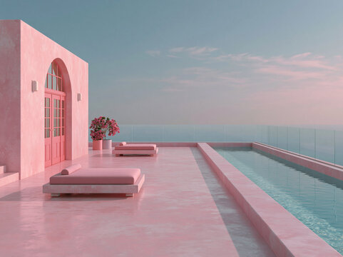 Blush pink plaster rooftop terrace holds daybeds beside narrow pool, glass railing overlooks hazy distant sea horizon.