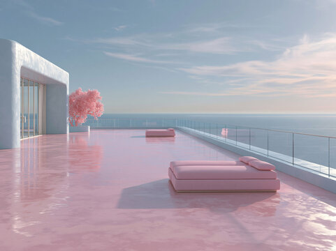 Blush pink plaster rooftop terrace holds daybeds beside narrow pool, glass railing overlooks hazy distant sea horizon.