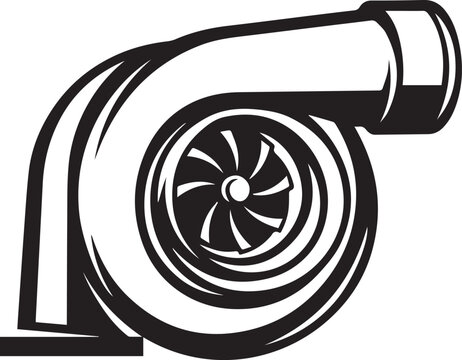 Black and white vector illustration of a powerful turbocharger turbine, automotive engine part concept art design for speed and performance