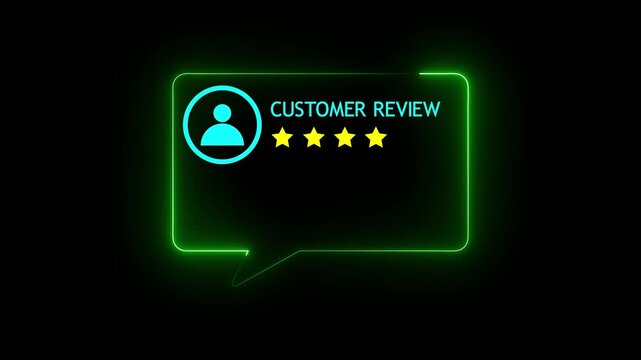 4 star customer review rating score 4.0 motion graphic animation with green neon glowing speech bubble line on black background for online product evaluation, service recommendation and trust badge.