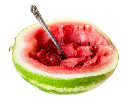 side view of half fresh ripe watermelon with tablespoon isolated on white background