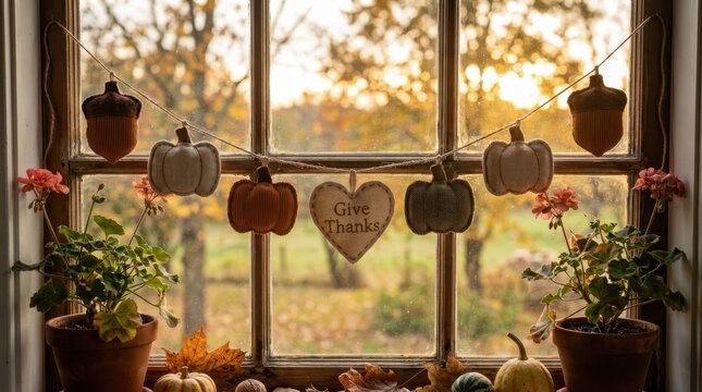 Cozy thanksgiving window decoration with a garland of fabric pumpkins and a heart sign saying give thanks, overlooking an autumn landscape