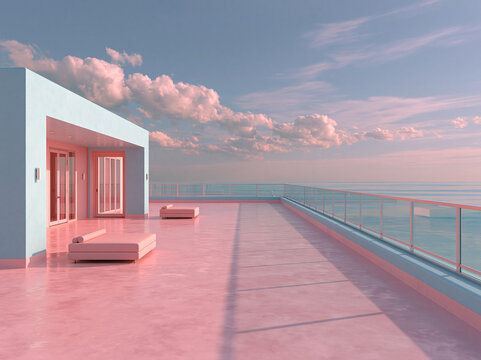 Blush pink plaster rooftop terrace holds daybeds beside narrow pool, glass railing overlooks hazy distant sea horizon.