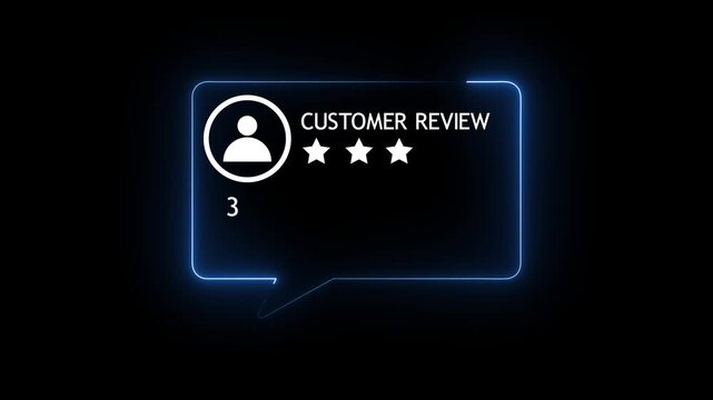 Glowing blue neon customer review box with 3 star rating score 3.0 and user avatar profile icon on dark background motion graphics animation video for business testimonial and service feedback.