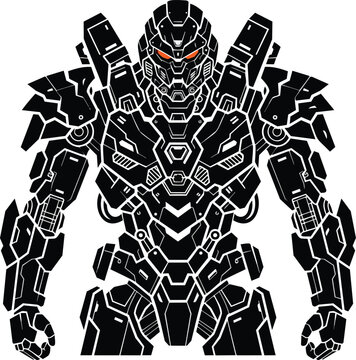 Futuristic robotic war machine vector set. Mecha warrior character design with glowing orange eyes. Black metallic sci-fi robot silhouette illustration for space game