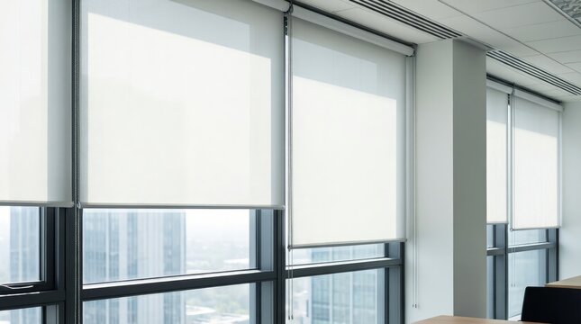 Bright office space with window shades pulled down in a modern building during daylight hours