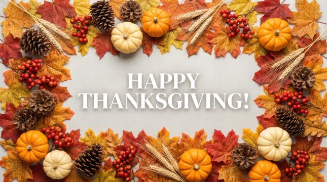 Happy thanksgiving greeting card with pumpkins, pinecones, wheat, and autumn leaves arranged as a frame on a light background