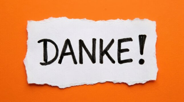 Handwritten word danke on a piece of torn white paper against a vibrant orange background, expressing gratitude in german