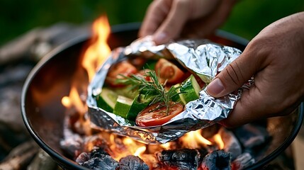 Obraz premium Person cooking vegetables in foil packet on grill fire