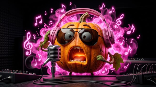Cool pumpkin character wearing pink headphones and sunglasses singing into a professional microphone in a music recording studio with neon lights