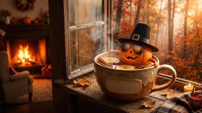 Cozy autumn scene with a cute pumpkin character wearing sunglasses and a pilgrim hat relaxing in a steaming mug of hot cider by a window