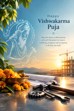 Vishwakarma puja celebration poster featuring divine craftsmanship of lord vishwakarma with engineering tools and marigold flowers at a construction site