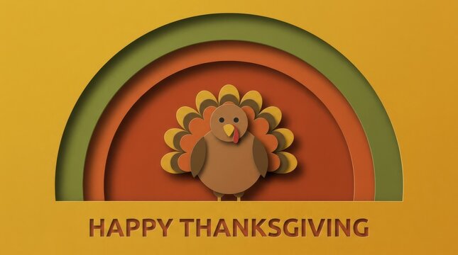 Happy thanksgiving greeting card with a cute paper craft turkey illustration in layered arch design on a warm yellow background