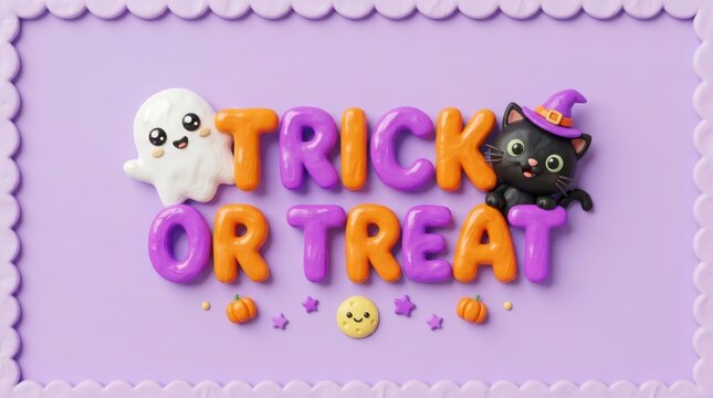 Cute 3d halloween trick or treat typography with a friendly ghost and a black cat wearing a witch hat on a pastel purple background