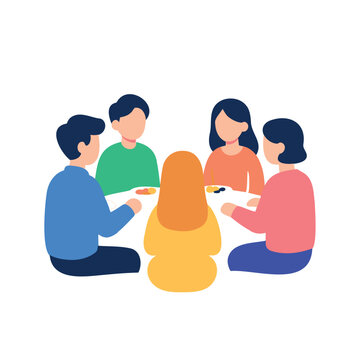 Five individuals in colorful clothing sit around a white table, sharing a meal and conversing.