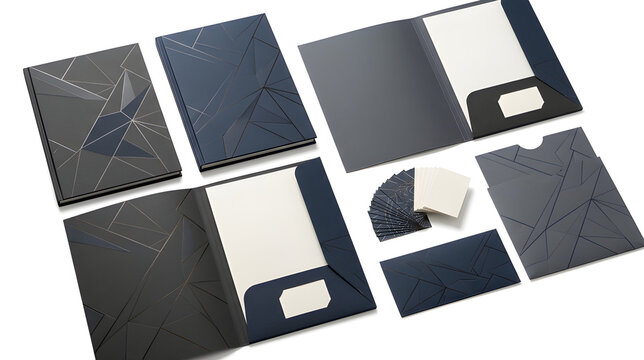 Corporate stationery set with dark blue marble pattern folders and business cards
