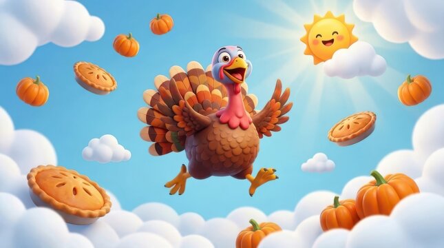 Happy cartoon turkey flying in a bright blue sky with clouds, pumpkins, and pies, thanksgiving holiday celebration, 3d render illustration