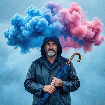 Man stands under colorful cloud with umbrella in rainy weather