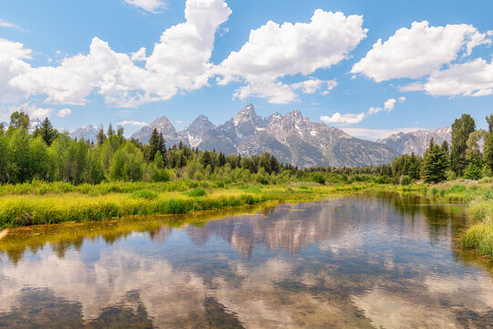 View of Teton Range from Schwabachers Landing in Grand Teton National Park. Wyoming
