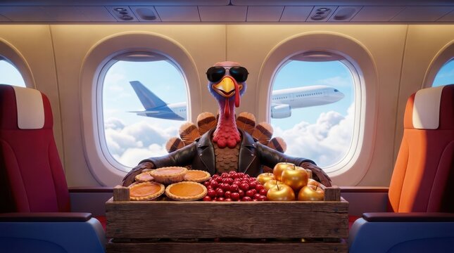 A cool turkey wearing sunglasses and a leather jacket sitting on a plane with a crate of pies and apples