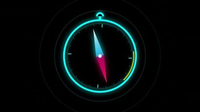 Glowing neon compass needle spinning fast in digital animation footage clip