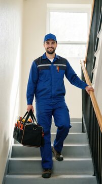 Worker carrying tools while walking down stairs in a building during daytime