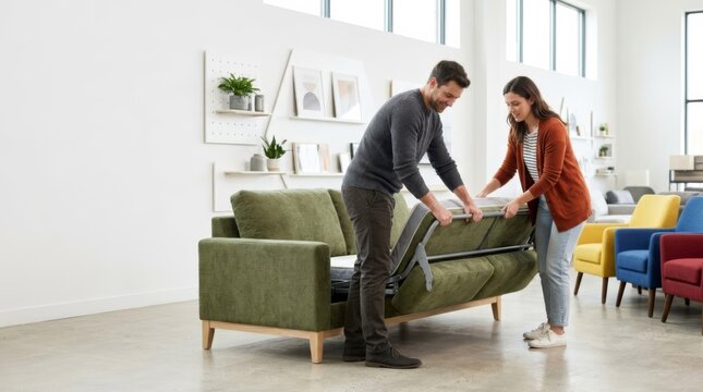 Couple testing a green sleeper sofa mechanism in a bright modern furniture showroom, demonstrating space-saving design