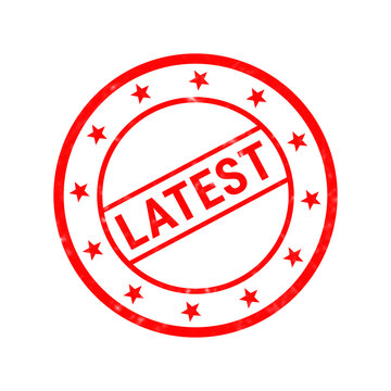 Latest red rubber stamp icon, circular grunge seal with stars, vintage style news and update label on white background