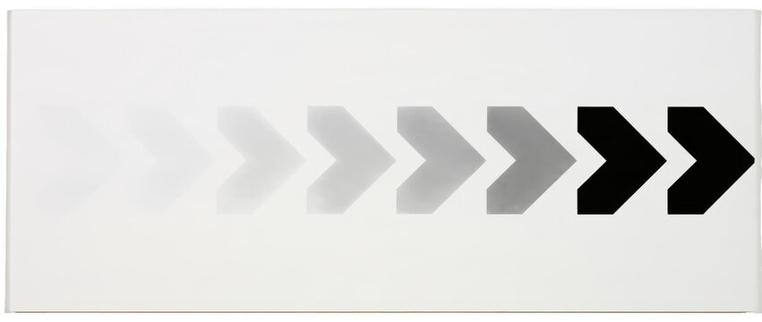 Horizontal sequence of eight chevron arrows with a fading gradient effect on white background