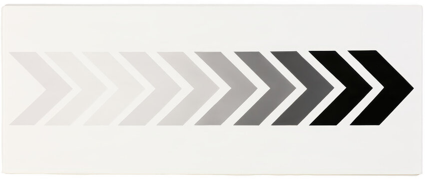Horizontal sequence of eight chevron arrows with a gradient from light grey to black