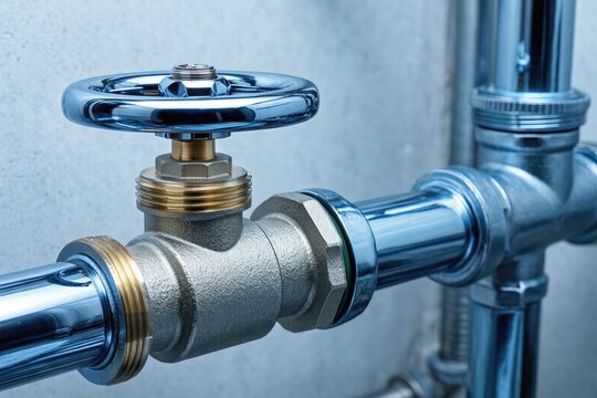 Close up view of a metal valve and piping system in an industrial or commercial area