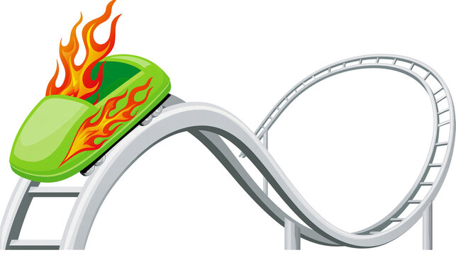 Isolated green roller coaster car with hot rod flames speeding on track in amusement park ride