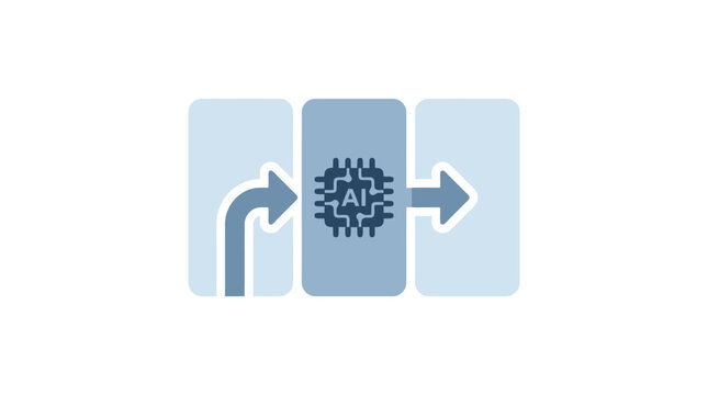 Artificial intelligence processor icon, blue AI chip data flow vector, machine learning automation process graphic
