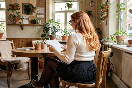 beautiful young Caucasian lady sitting in a boho cafe AI generat
