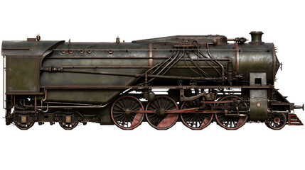 Isolated vintage dark green steam locomotive with intricate details and powerful wheels © Ioana