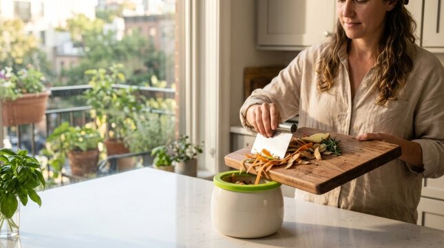 Woman composting vegetable peelings in a modern kitchen with natural light and balcony view, sustainability concept
