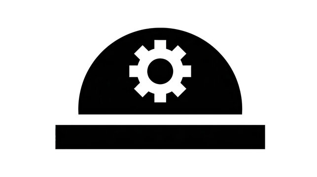 Industrial safety hard hat icon with gear symbol for construction and engineering signage.