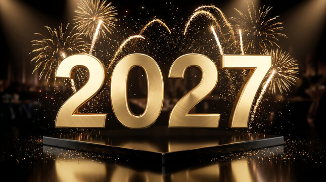 Golden fireworks celebration display showing year two thousand twenty seven transparent background