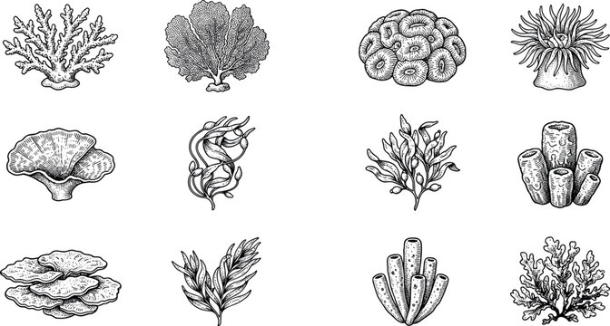 Vintage Hand Drawn Sea Coral and Seaweed Vector Set with Underwater Ocean Reef Engraving Illustrations