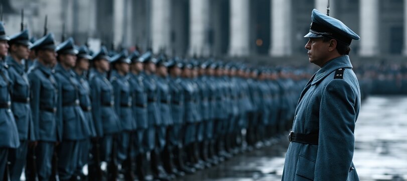 Ceremonial lineup of uniformed service personnel in blue - gray coats at dawn in large courtyard