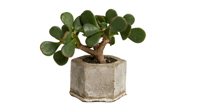Isolated jade plant, Crassula ovata, in a modern hexagonal concrete pot, beautiful green succulent