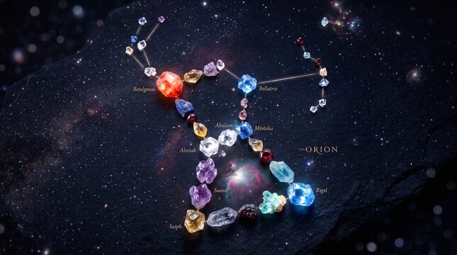 Orion Constellation Formed by Colorful Gemstones on a Starry Night Sky Background