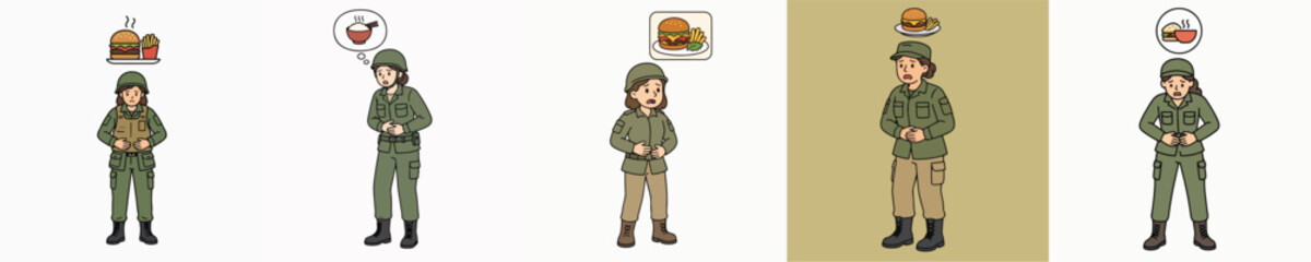 Obraz premium A set of vector illustrations of a female soldier holding her stomach due to hunger and imagining food.
