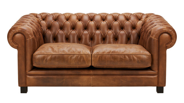 Isolated classic brown leather Chesterfield tufted loveseat, a luxurious two-seater sofa