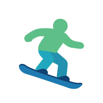 A simplified graphic of a person wearing green and blue clothing on a blue snowboard.