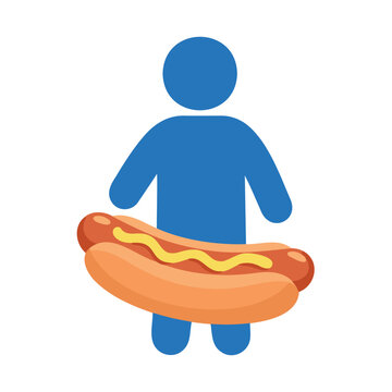 A blue stick figure icon holds a stylized hot dog with yellow mustard.