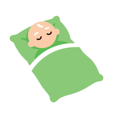 An elderly person with closed eyes rests comfortably in bed under a light green blanket.